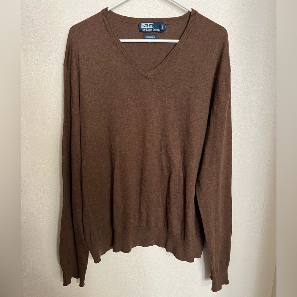 POLO RALPH LAUREN Cotton & Cashmere Preppy V Neck Sweater Brown Men's Size XL